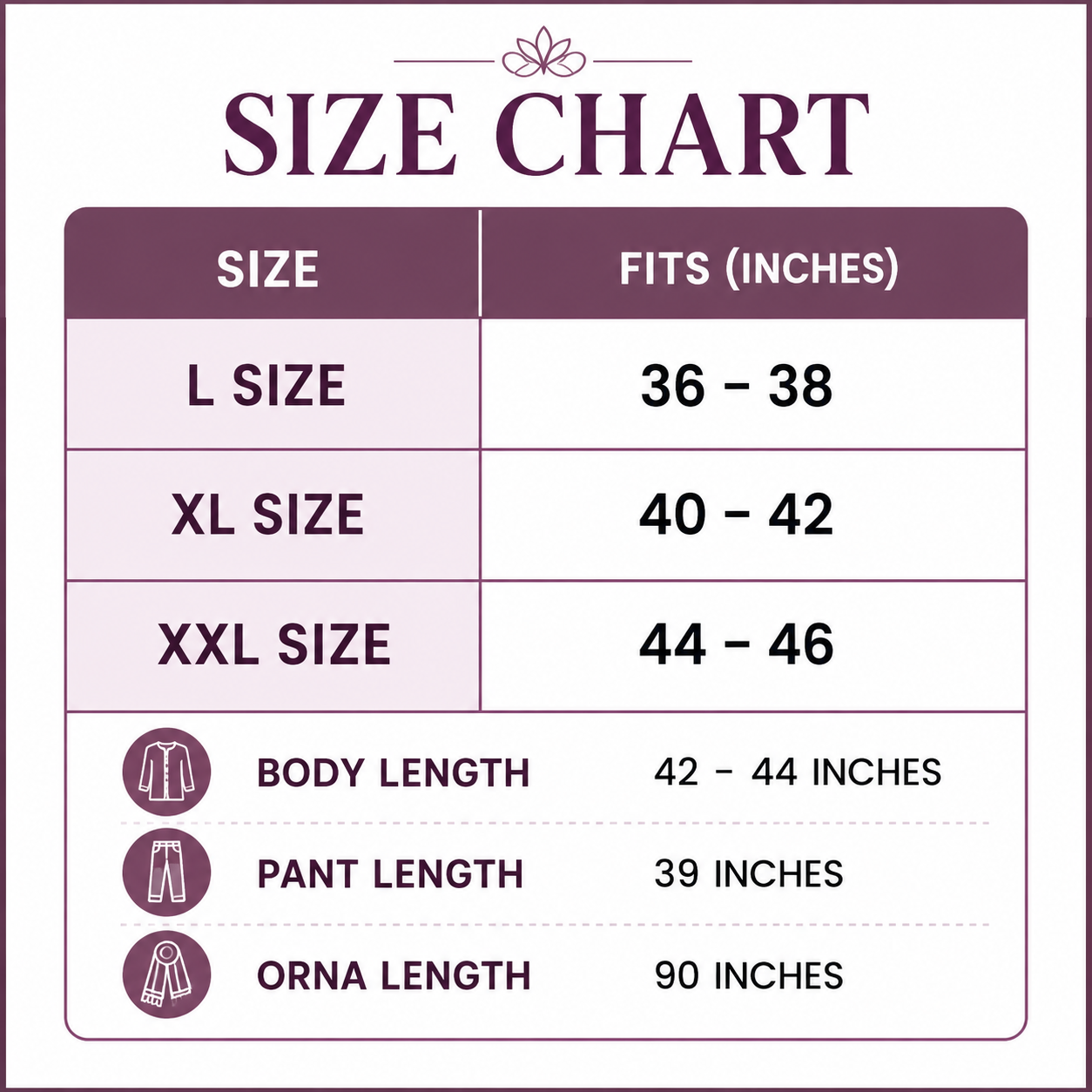 Size chart for Flora Elegance 3 piece