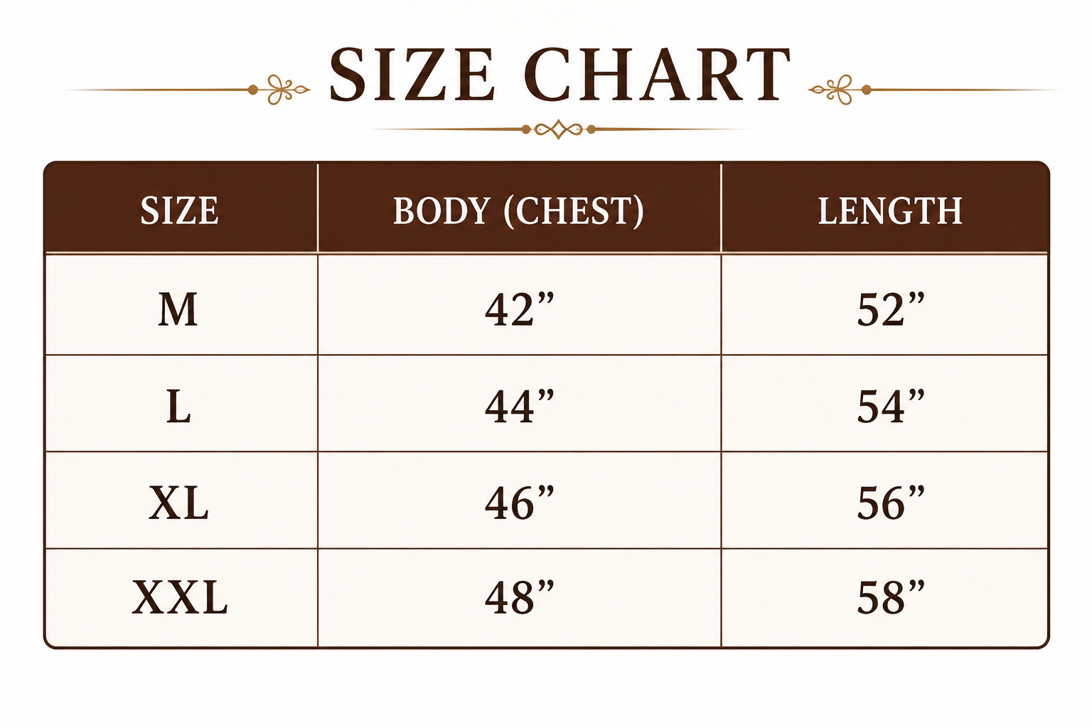 Size chart for Ash