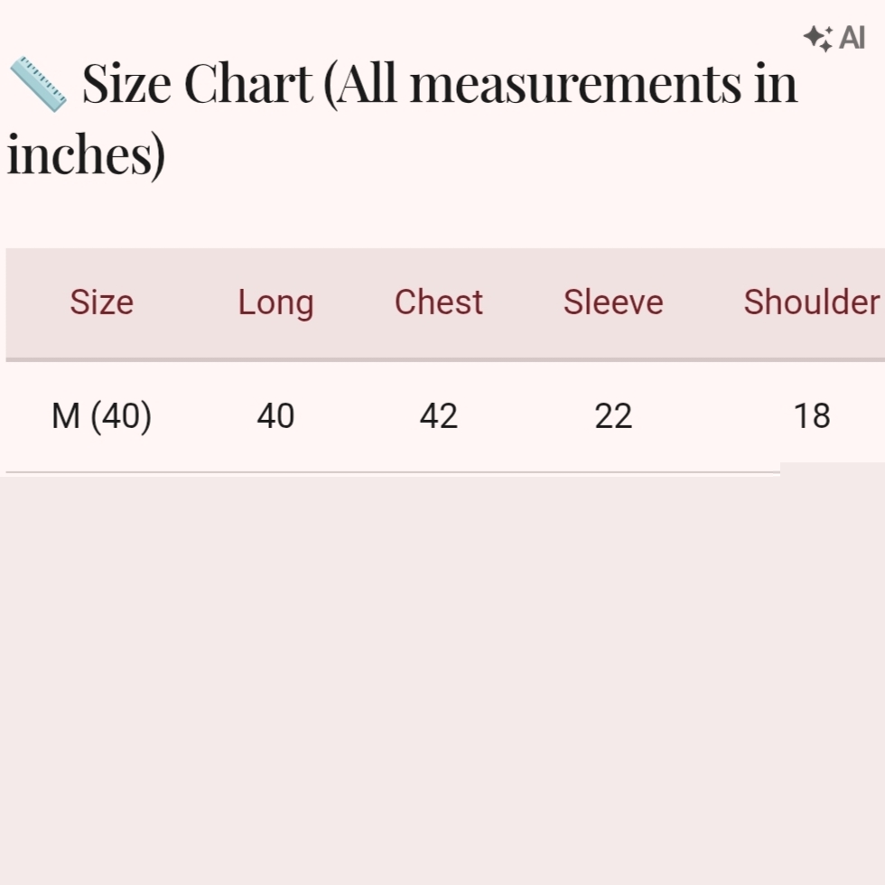 Size chart for Mmbroidery Maroon