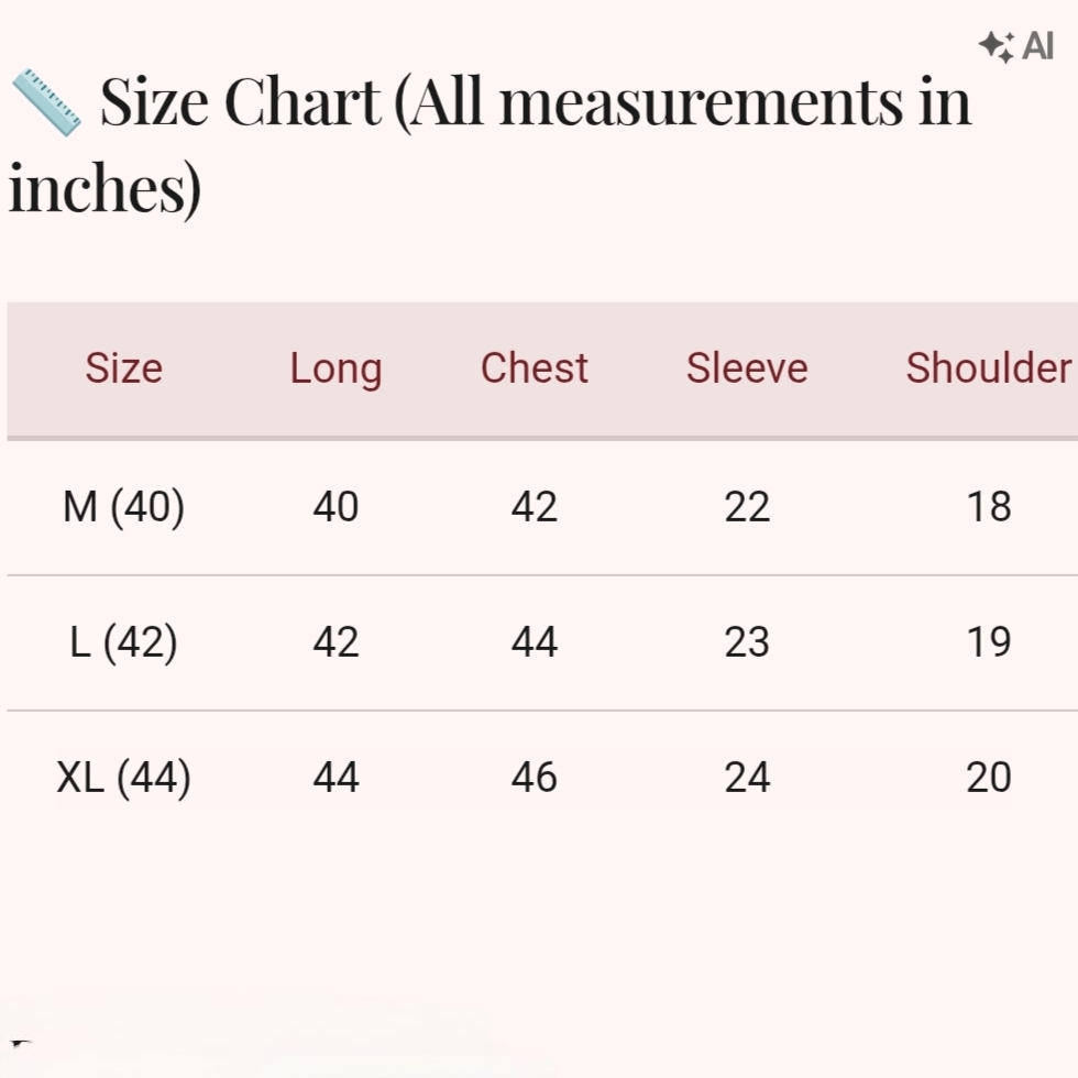 Size chart for Golden blood stretch Cotton Panjabi (exclusive)