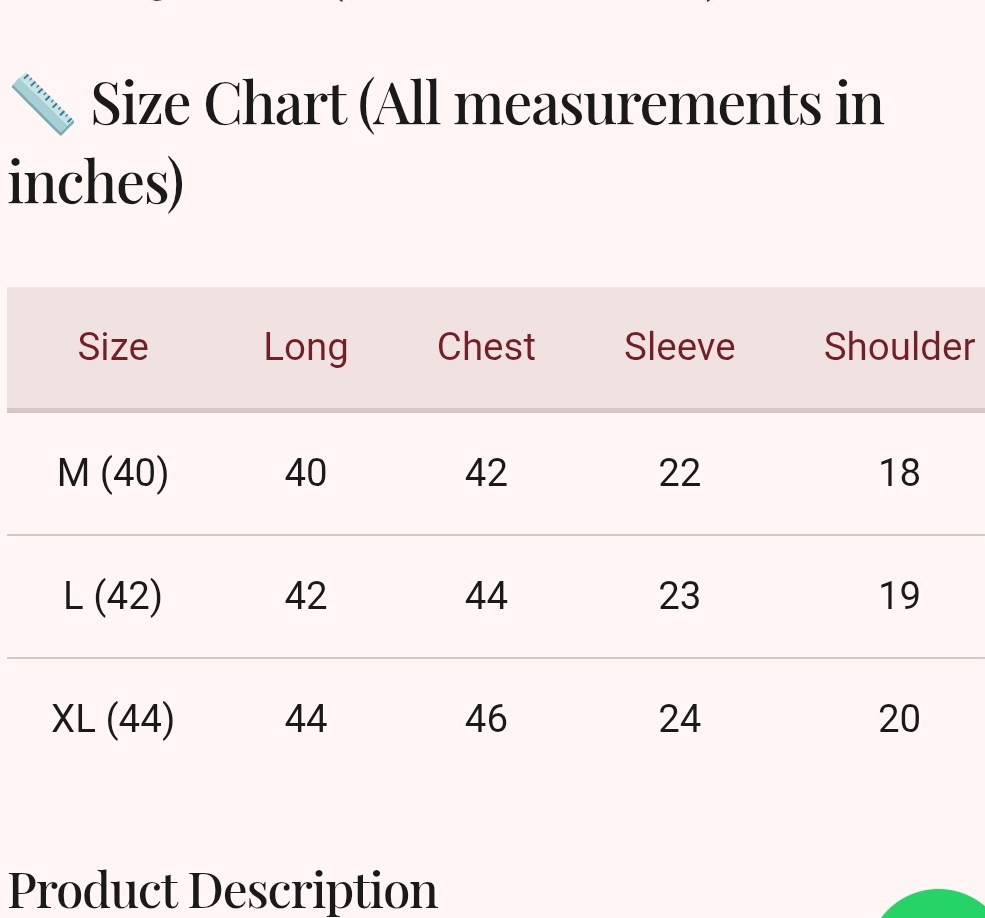 Size chart for Moon Ivory textured soft Cotton Panjabi (exclusive)